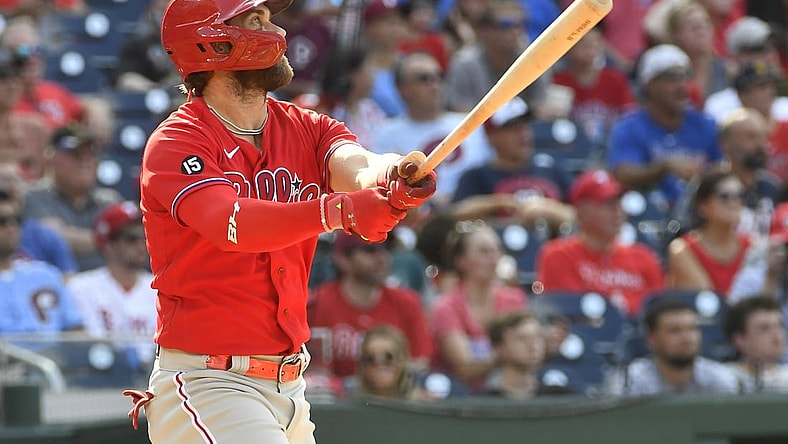 Aug 5, 2021; Washington, District of Columbia, USA; Philadelphia Phillies right fielder Bryce Harper (3) watches his solo home run against the Washington Nationals during the third inning at Nationals Park. Mandatory Credit: Brad Mills-USA TODAY Sports
