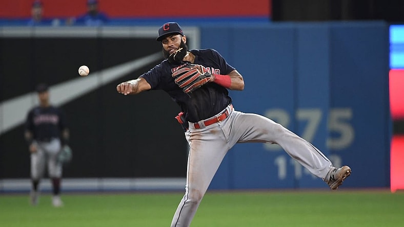Aug 5, 2021; Toronto, Ontario, CAN;  Cleveland Indians shortstop Amed Rosario (1) throws to retire Toronto Blue Jays center fielder George Springer (not shown) in the sixth inning at Rogers Centre. Mandatory Credit: Dan Hamilton-USA TODAY Sports