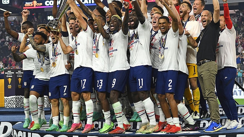 Aug 1, 2021; Las Vegas, Nevada, USA; USA players celebrate after defeating Mexico 1-0 in extra time to win the CONCACAF Gold Cup final soccer match at Allegiant Stadium. Mandatory Credit: Stephen R. Sylvanie-USA TODAY Sports