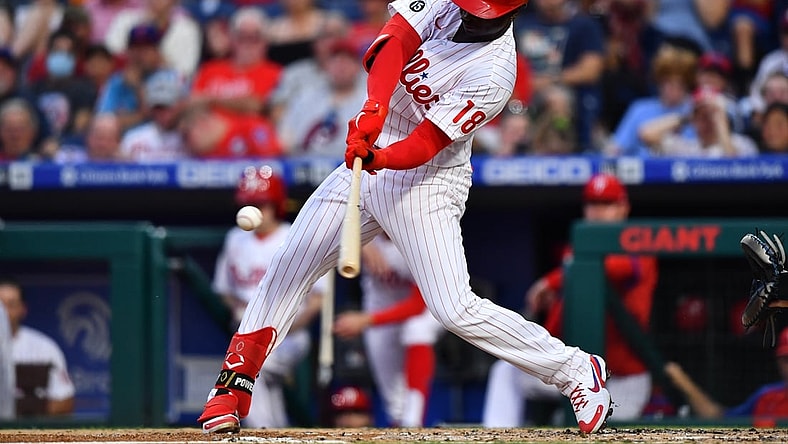 Aug 6, 2021; Philadelphia, Pennsylvania, USA; Philadelphia Phillies shortstop Didi Gregorius (18) hits a solo home run in the second inning against the New York Mets at Citizens Bank Park. Mandatory Credit: Kyle Ross-USA TODAY Sports