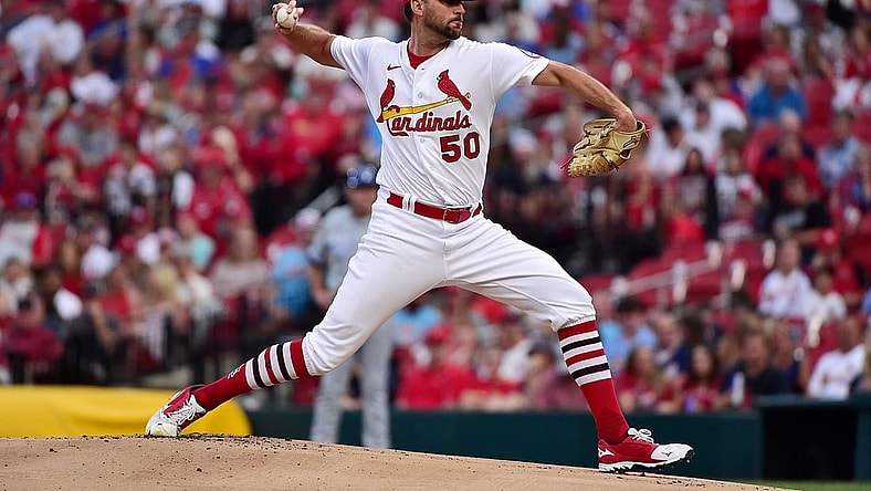 Aug 6, 2021; St. Louis, Missouri, USA;  St. Louis Cardinals starting pitcher Adam Wainwright (50) pitches during the first inning against the Kansas City Royals at Busch Stadium. Mandatory Credit: Jeff Curry-USA TODAY Sports