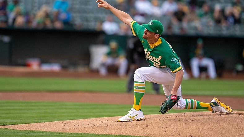 Aug 6, 2021; Oakland, California, USA;  Oakland Athletics starting pitcher Chris Bassitt (40) delivers a pitch during the first inning against the Texas Rangers at RingCentral Coliseum. Mandatory Credit: Neville E. Guard-USA TODAY Sports