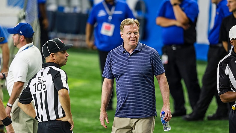 NFL commissioner Roger Goodell watches the Lions during a team practice at Ford Field on Saturday, Aug. 7, 2021.

Fordfieldpractice 080724