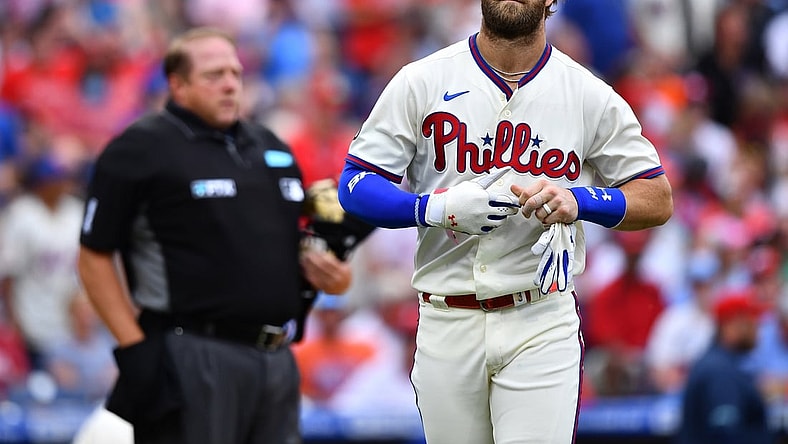 Aug 7, 2021; Philadelphia, Pennsylvania, USA; Philadelphia Phillies right fielder Bryce Harper (3) looks on after striking out in the first inning against the New York Mets at Citizens Bank Park. Mandatory Credit: Kyle Ross-USA TODAY Sports