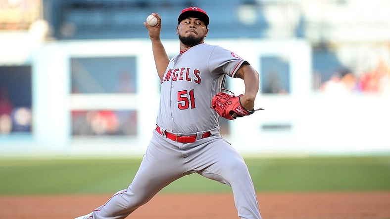 Aug 7, 2021; Los Angeles, California, USA; Los Angeles Angels starting pitcher Jaime Barria (51) throws against the Los Angeles Dodgers during the second inning at Dodger Stadium. Mandatory Credit: Gary A. Vasquez-USA TODAY Sports