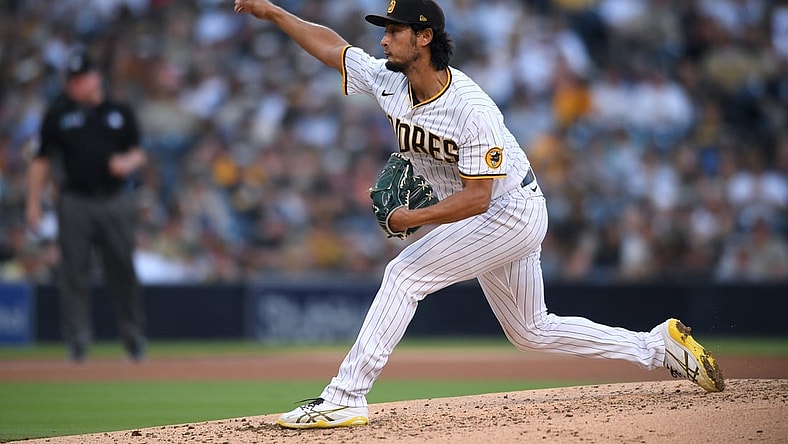 Aug 7, 2021; San Diego, California, USA; San Diego Padres starting pitcher Yu Darvish (11) throws a pitch against the Arizona Diamondbacks during the fourth inning at Petco Park. Mandatory Credit: Orlando Ramirez-USA TODAY Sports