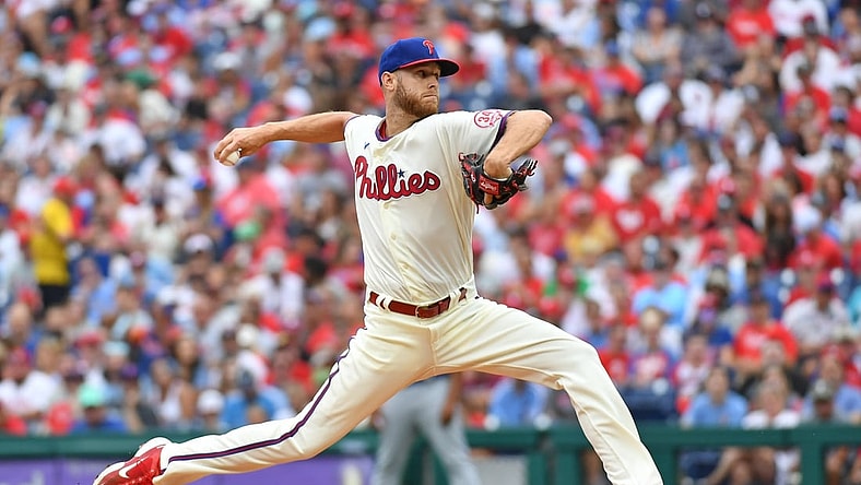 Aug 8, 2021; Philadelphia, Pennsylvania, USA; Philadelphia Phillies starting pitcher Zack Wheeler (45) throws a pitch against the New York Mets during the first inning at Citizens Bank Park. Mandatory Credit: Eric Hartline-USA TODAY Sports