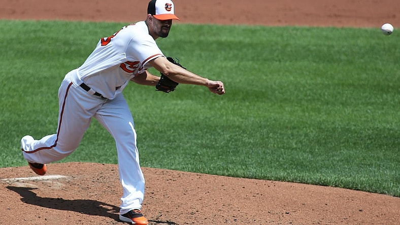 Aug 8, 2021; Baltimore, Maryland, USA; Baltimore Orioles relief pitcher Jorge Lopez (48) makes a throw during the third inning against the Tampa Bay Rays at Oriole Park against the at Camden Yards. Mandatory Credit: Daniel Kucin Jr.-USA TODAY Sports