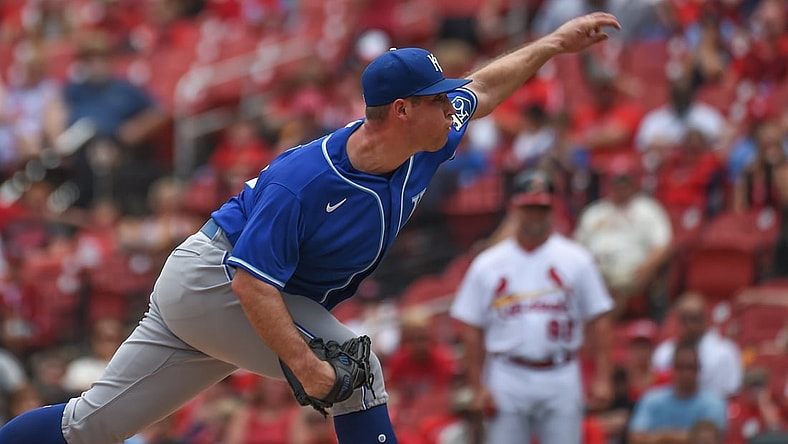 Aug 8, 2021; St. Louis, Missouri, USA; Kansas City Royals starting pitcher Kris Bubic (50) pitches against the St. Louis Cardinals during the first inning at Busch Stadium. Mandatory Credit: Joe Puetz-USA TODAY Sports