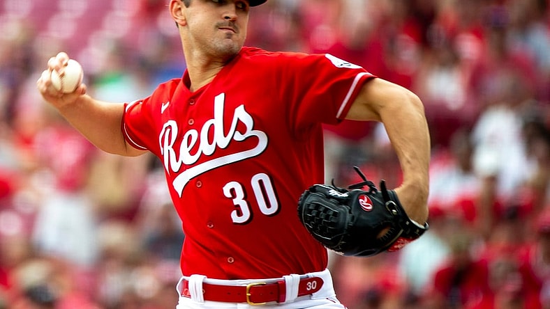 Cincinnati Reds starting pitcher Tyler Mahle (30) pitches in the first inning of the MLB baseball game between the Cincinnati Reds and the Pittsburgh Pirates on Sunday, Aug. 8, 2021, at Great American Ball Park in Cincinnati.

Cincinnati Reds Pittsburgh Pirates