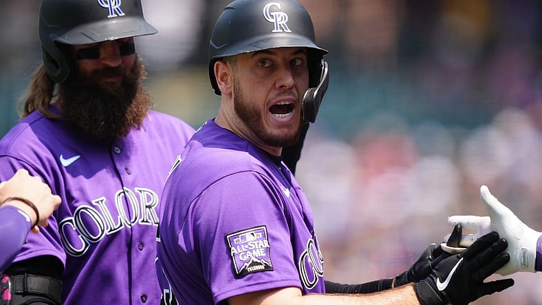 Aug 8, 2021; Denver, Colorado, USA; Colorado Rockies first baseman C.J. Cron (25) celebrates his three run home run in the first inning against the Miami Marlins at Coors Field. Mandatory Credit: Ron Chenoy-USA TODAY Sports