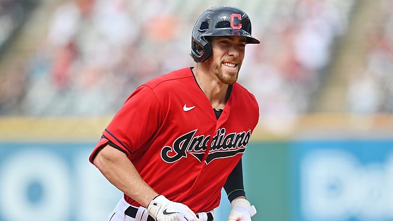 Aug 8, 2021; Cleveland, Ohio, USA; Cleveland Indians right fielder Bradley Zimmer (4) rounds the bases after hitting a home run during the seventh inning against the Detroit Tigers at Progressive Field. Mandatory Credit: Ken Blaze-USA TODAY Sports