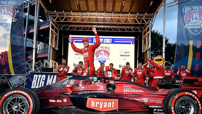 Chip Ganassi Racing driver Marcus Ericsson (8) of Sweden celebrates winning the NTT IndyCar Series race on the final day of the Big Machine Music City Grand Prix in Nashville, Tenn., on Sunday, August 8, 2021.

Indycar 748