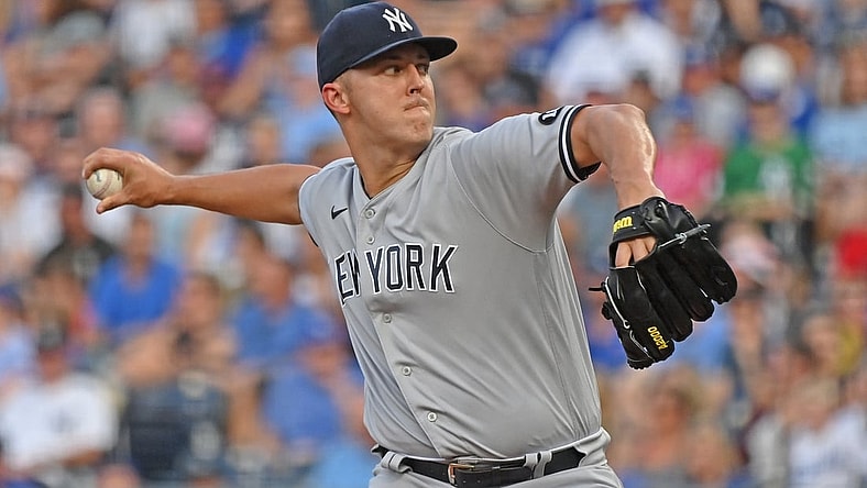 Aug 9, 2021; Kansas City, Missouri, USA;  New York Yankees starting pitcher Jameson Taillon (50) delivers against the Kansas City Royals during the first inning at Kauffman Stadium. Mandatory Credit: Peter Aiken-USA TODAY Sports