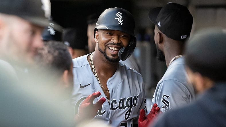 Aug 9, 2021; Minneapolis, Minnesota, USA; Chicago White Sox designed hitter Eloy Jimenez (74) celebrates after hitting three run home run against the Minnesota Twins during the second inning at Target Field. Mandatory Credit: Jordan Johnson-USA TODAY Sports