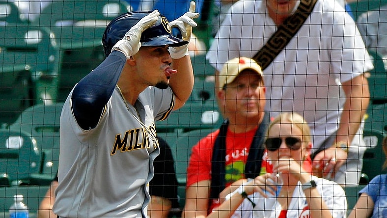 Aug 10, 2021; Chicago, Illinois, USA; Milwaukee Brewers shortstop Willy Adames (27) celebrates after hitting a home run during the fourth inning against the Chicago Cubs at Wrigley Field. Mandatory Credit: Jon Durr-USA TODAY Sports