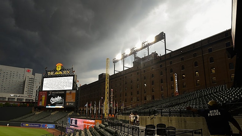 Aug 10, 2021; Baltimore, Maryland, USA; The game between Detroit Tigers and Baltimore Orioles has been delayed due to inclement  at Oriole Park at Camden Yards. Mandatory Credit: Tommy Gilligan-USA TODAY Sports