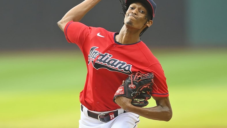 Aug 10, 2021; Cleveland, Ohio, USA; Cleveland Indians starting pitcher Triston McKenzie (24) delivers a pitch in the first inning against the Oakland Athletics at Progressive Field. Mandatory Credit: David Richard-USA TODAY Sports