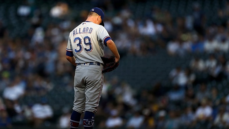 Aug 10, 2021; Seattle, Washington, USA; Texas Rangers starting pitcher Kolby Allard (39) stands on the mound during the second inning against the Seattle Mariners at T-Mobile Park. Mandatory Credit: Joe Nicholson-USA TODAY Sports