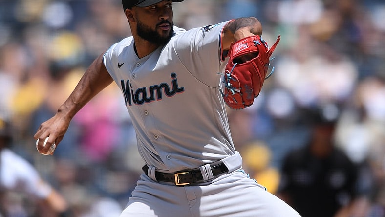 Aug 11, 2021; San Diego, California, USA; Miami Marlins starting pitcher Sandy Alcantara (22) throws a pitch against the San Diego Padres during the second inning at Petco Park. Mandatory Credit: Orlando Ramirez-USA TODAY Sports