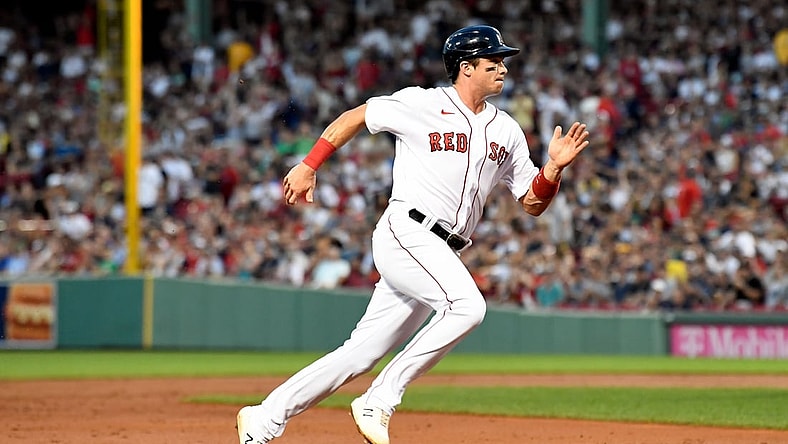 Aug 11, 2021; Boston, Massachusetts, USA; Boston Red Sox first baseman Bobby Dalbec (29) runs to third base after a double hit by center fielder Enrique Hernandez (not seen) during the second inning against the Tampa Bay Rays at Fenway Park. Mandatory Credit: Brian Fluharty-USA TODAY Sports
