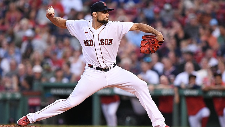Aug 11, 2021; Boston, Massachusetts, USA; Boston Red Sox starting pitcher Nathan Eovaldi (17) pitches against the Tampa Bay Rays during the second inning at Fenway Park. Mandatory Credit: Brian Fluharty-USA TODAY Sports