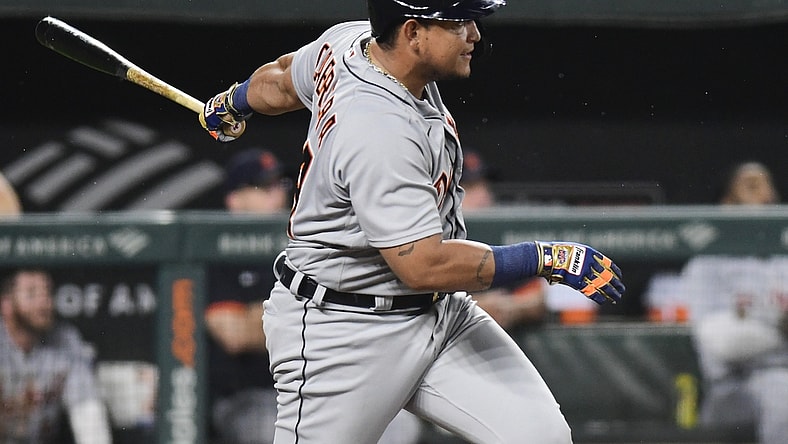 Aug 11, 2021; Baltimore, Maryland, USA;  Detroit Tigers first baseman Miguel Cabrera (24) singles during the third inning against the Baltimore Orioles at Oriole Park at Camden Yards. Mandatory Credit: Tommy Gilligan-USA TODAY Sports