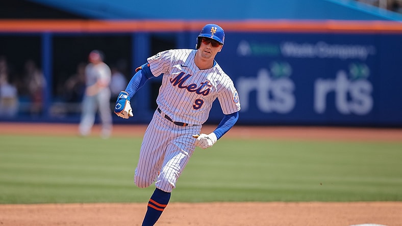Aug 12, 2021; New York City, NY, USA; New York Mets center fielder Brandon Nimmo (9) rounds second base after hitting a three run home run during the second inning against the Washington Nationals at Citi Field. Mandatory Credit: Vincent Carchietta-USA TODAY Sports