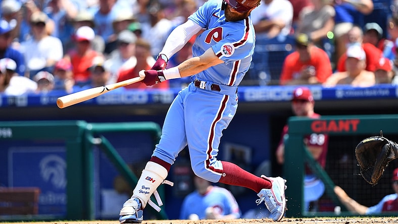 Aug 12, 2021; Philadelphia, Pennsylvania, USA; Philadelphia Phillies right fielder Bryce Harper (3) hits a solo home run in the first inning against the Los Angeles Dodgers at Citizens Bank Park. Mandatory Credit: Kyle Ross-USA TODAY Sports