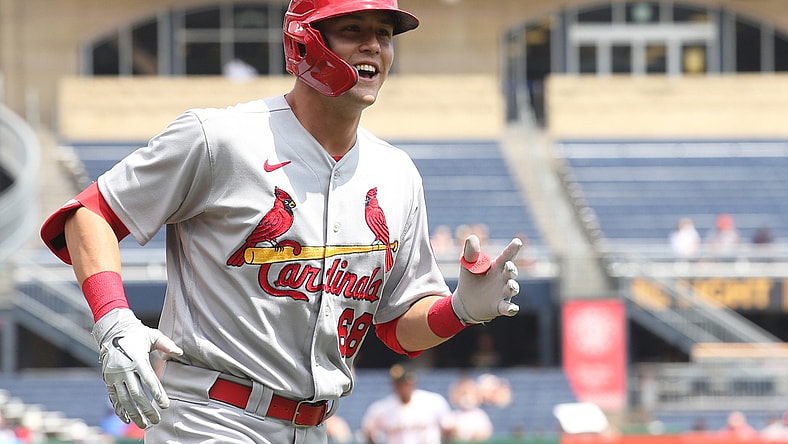 Aug 12, 2021; Pittsburgh, Pennsylvania, USA;  St. Louis Cardinals right fielder Lars Nootbaar (68) reacts after hitting a two run pinch hit home run against the Pittsburgh Pirates during the fourth inning at PNC Park. Mandatory Credit: Charles LeClaire-USA TODAY Sports