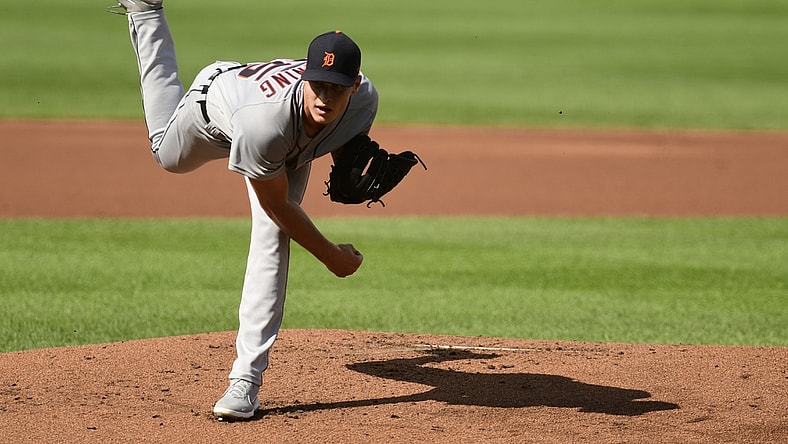 Aug 12, 2021; Baltimore, Maryland, USA;  Detroit Tigers starting pitcher Tarik Skubal (29) delivers a first inning pitch against the Baltimore Orioles at Oriole Park at Camden Yards. Mandatory Credit: Tommy Gilligan-USA TODAY Sports