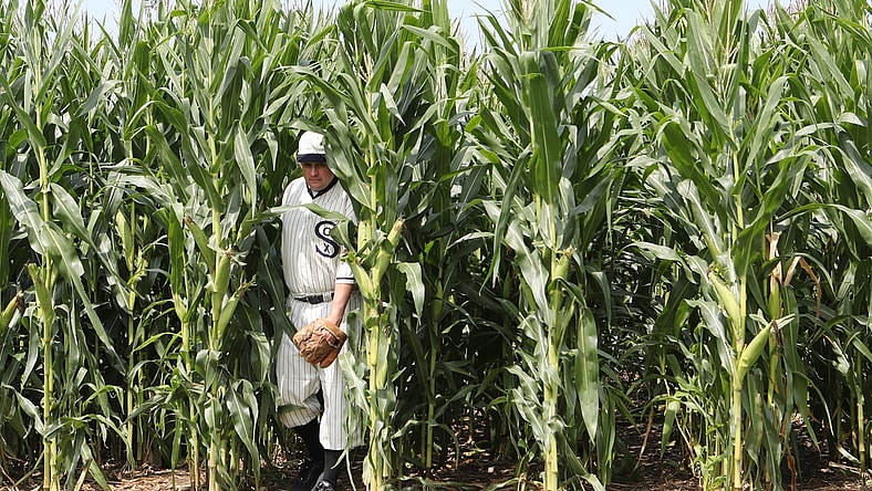 Aug 12, 2021; Dyersville, Iowa, USA; John Sutter of Dubuque, Iowa, exits the cornstalk at the original movie site before the game between the Chicago White Sox and the New York Yankees at the Field of Dreams. John has been a member of the  ghost players  team for over 10 years.   Mandatory Credit: Reese Strickland-USA TODAY Sports