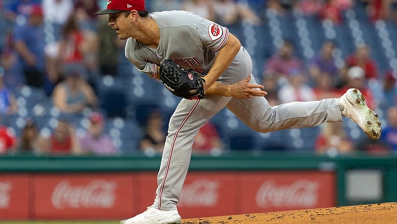 Aug 13, 2021; Philadelphia, Pennsylvania, USA; Cincinnati Reds starting pitcher Tyler Mahle (30) throws a pitch against the Philadelphia Phillies during the first inning at Citizens Bank Park. Mandatory Credit: Bill Streicher-USA TODAY Sports