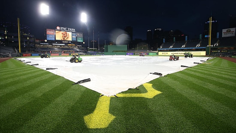 Aug 13, 2021; Pittsburgh, Pennsylvania, USA;  Continuing inclement weather forces the cancellation of the game between the Milwaukee Brewers and the Pittsburgh Pirates before the first pitch at PNC Park. Mandatory Credit: Charles LeClaire-USA TODAY Sports