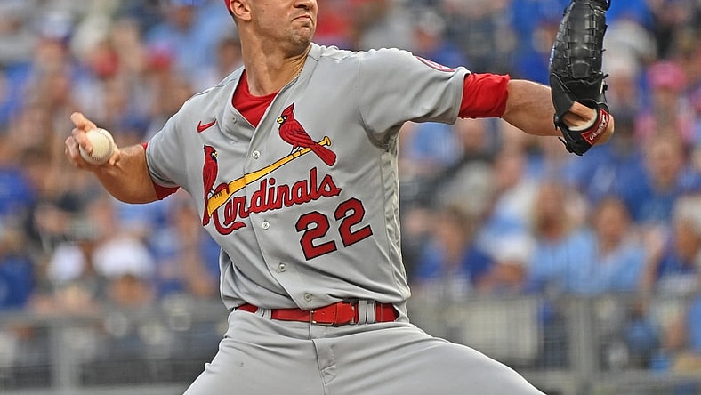 Aug 13, 2021; Kansas City, Missouri, USA;  St. Louis Cardinals starting pitcher Jack Flaherty (22) delivers a pitch during the first inning against the Kansas City Royals at Kauffman Stadium. Mandatory Credit: Peter Aiken-USA TODAY Sports