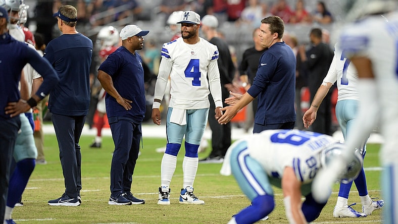 Aug 13, 2021; Glendale, Arizona, USA; Dallas Cowboys quarterback Dak Prescott (4) looks on prior to a preseason game against the Arizona Cardinals at State Farm Stadium. Mandatory Credit: Joe Camporeale-USA TODAY Sports