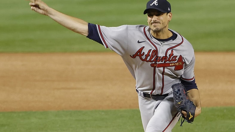Aug 13, 2021; Washington, District of Columbia, USA; Atlanta Braves starting pitcher Charlie Morton (50) pitches against the Washington Nationals in the first inning at Nationals Park. Mandatory Credit: Geoff Burke-USA TODAY Sports