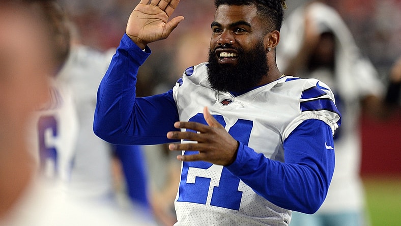 Aug 13, 2021; Glendale, Arizona, USA; Dallas Cowboys running back Ezekiel Elliott (21) looks on against the Arizona Cardinals during the second half of a preseason game at State Farm Stadium. Mandatory Credit: Joe Camporeale-USA TODAY Sports