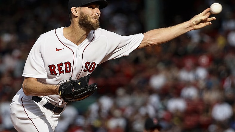Aug 14, 2021; Boston, Massachusetts, USA; Boston Red Sox pitcher Chris Sale (41) delivers a pitch against the Baltimore Orioles during the first inning at Fenway Park. Mandatory Credit: Winslow Townson-USA TODAY Sports