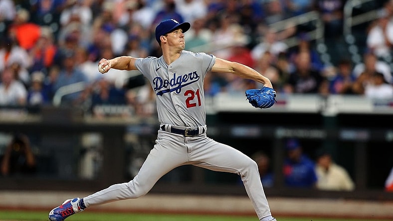 Aug 14, 2021; New York City, New York, USA; Los Angeles Dodgers starting pitcher Walker Buehler (21) throws against the New York Mets during the first inning at Citi Field. Mandatory Credit: Andy Marlin-USA TODAY Sports