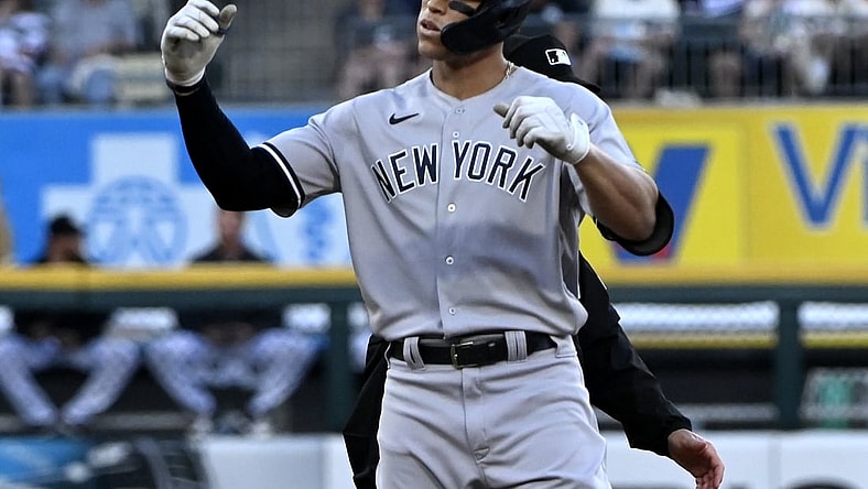Aug 14, 2021; Chicago, Illinois, USA;  New York Yankees right fielder Aaron Judge (99) after hitting an RBI double during the third inning against the Chicago White Sox at Guaranteed Rate Field. Mandatory Credit: Matt Marton-USA TODAY Sports
