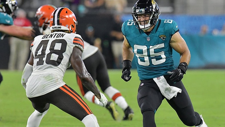 Jacksonville Jaguars tight end Tim Tebow (85) tries to get open while being defended by Cleveland Browns safety Elijah Benton (48) during fourth quarter action. The Jacksonville Jaguars hosted the Cleveland Browns for their only home preseason game at TIAA Bank Field in Jacksonville, Florida Saturday night, August 14, 2021. The Browns led at the half 13 to 0 and won with a final score of 23 to 13.  [Bob Self/Florida Times-Union]

Jki 081421 Jagsvsbrowns 24
