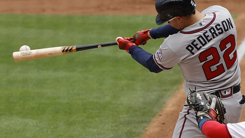 Aug 15, 2021; Washington, District of Columbia, USA; Atlanta Braves left fielder Joc Pederson (22) hits a double against the Washington Nationals in the second inning at Nationals Park. Mandatory Credit: Geoff Burke-USA TODAY Sports