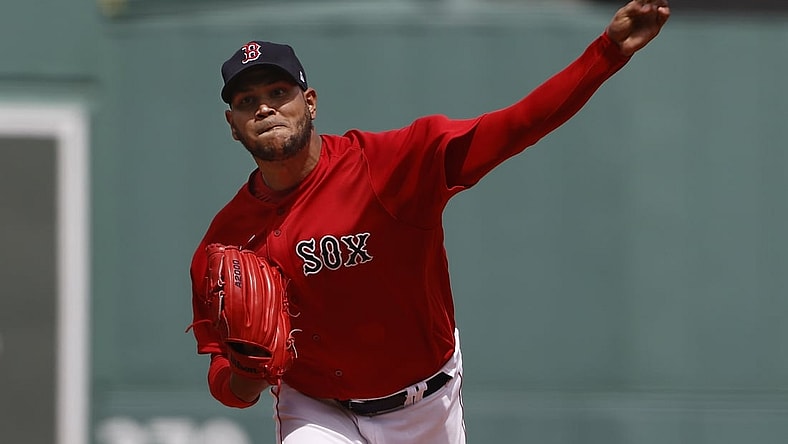 Aug 15, 2021; Boston, Massachusetts, USA; Boston Red Sox starting pitcher Eduardo Rodriguez (57) throws a pitch against the Baltimore Orioles during the first inning at Fenway Park. Mandatory Credit: Winslow Townson-USA TODAY Sports