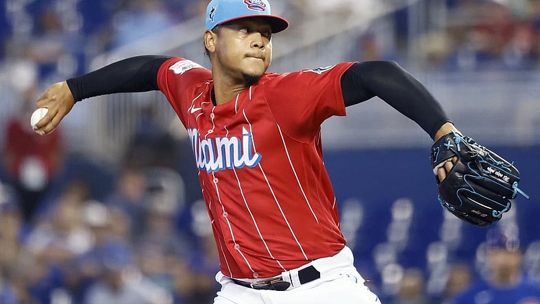 Aug 15, 2021; Miami, Florida, USA; Miami Marlins starting pitcher Elieser Hernandez (57) throws a pitch during the first inning against the Chicago Cubs at loanDepot Park. Mandatory Credit: Rhona Wise-USA TODAY Sports