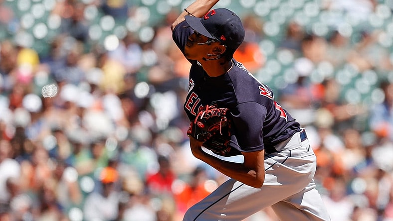 Aug 15, 2021; Detroit, Michigan, USA; Cleveland Indians starting pitcher Triston McKenzie (24) throws a pitch in the fourth inning against the Detroit Tigers at Comerica Park. Mandatory Credit: Rick Osentoski-USA TODAY Sports