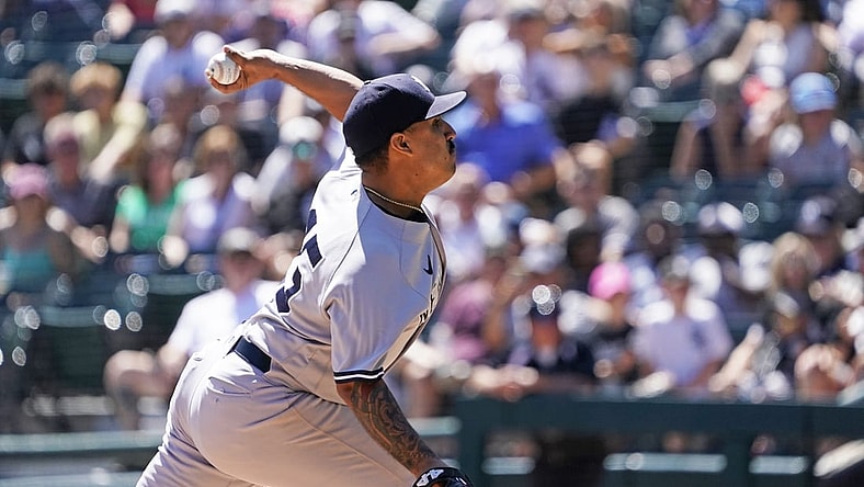 Aug 15, 2021; Chicago, Illinois, USA; New York Yankees starting pitcher Nestor Cortes (65) throws a pitch against the Chicago White Sox during the first inning at Guaranteed Rate Field. Mandatory Credit: David Banks-USA TODAY Sports