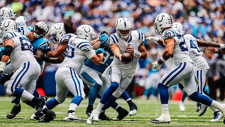 Indianapolis Colts quarterback Jacob Eason (9) hands the ball off to Indianapolis Colts running back Jordan Wilkins (20) on Sunday, Aug. 15, 2021, during a pre-season game between the Indianapolis Colts and the Carolina Panthers at Lucas Oil Stadium in Indianapolis.

Finals 17
