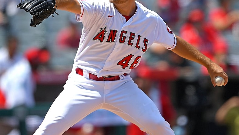 Aug 15, 2021; Anaheim, California, USA;  Los Angeles Angels starting pitcher Reid Detmers (48) in the third inning of the game against the Houston Astros at Angel Stadium. Mandatory Credit: Jayne Kamin-Oncea-USA TODAY Sports