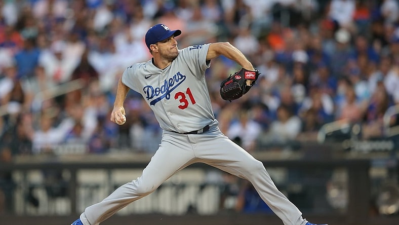 Aug 15, 2021; New York City, New York, USA; Los Angeles Dodgers starting pitcher Max Scherzer (31) pitches against the New York Mets during the first inning at Citi Field. Mandatory Credit: Brad Penner-USA TODAY Sports